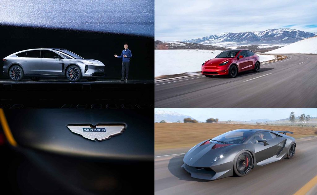 v.l.n.r.: NIO Day 2023, Tesla Model Y, Aston Martin (Foto: Drew Gibson), Lamborghini 60th Digital Parade. © Hersteller