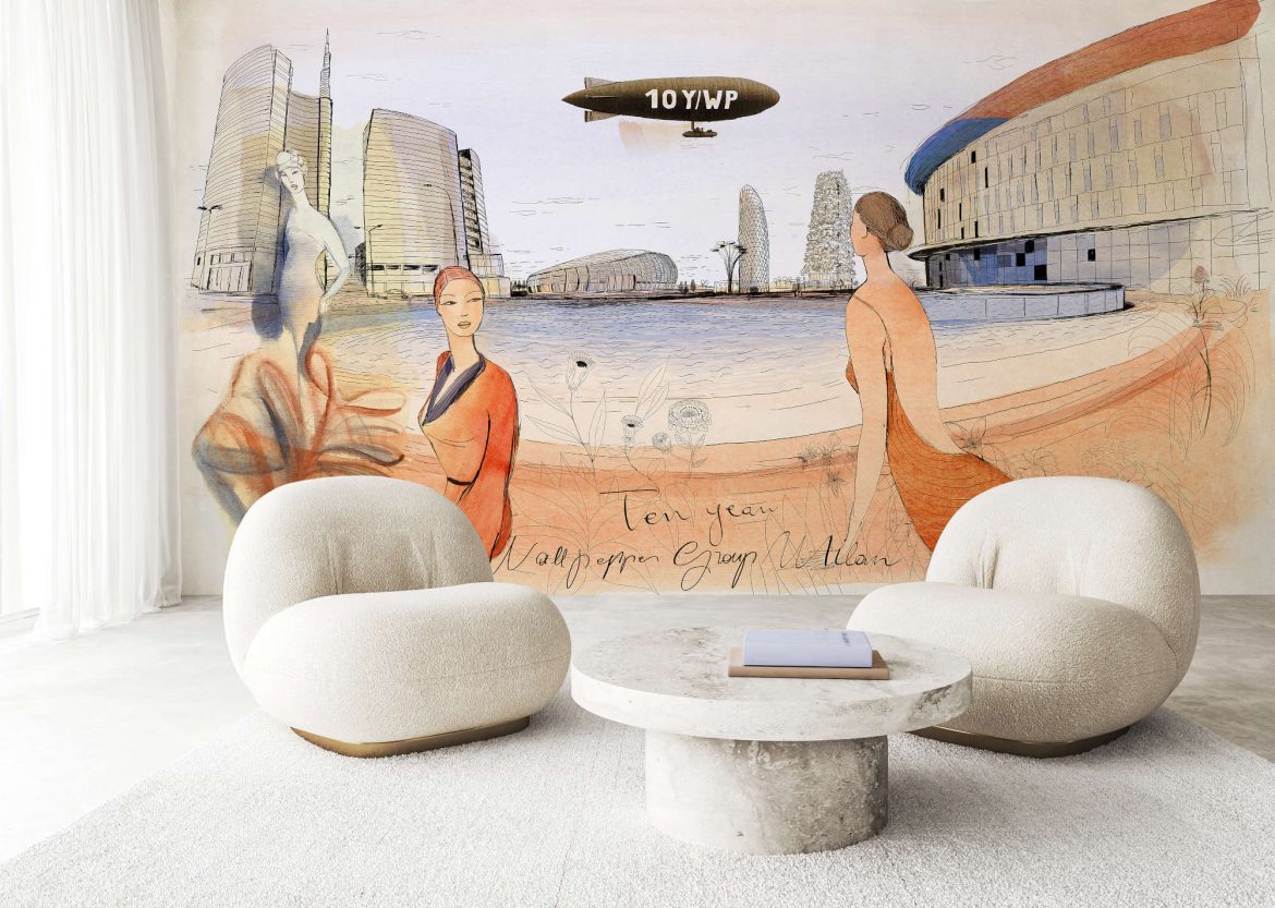 Conceptual interior living room with stucco wall. Creative composition chairs and stone table in pastel color. Mockup empty background. 3d rendering. High quality 3d illustration. 3D Illustration