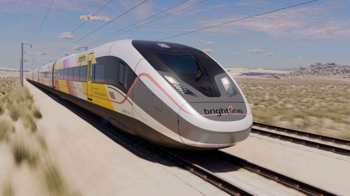 Die neuen Hochgeschwindigkeitszüge sollen mit über 300 km/h durch die Wüste flitzen. © Brightline West