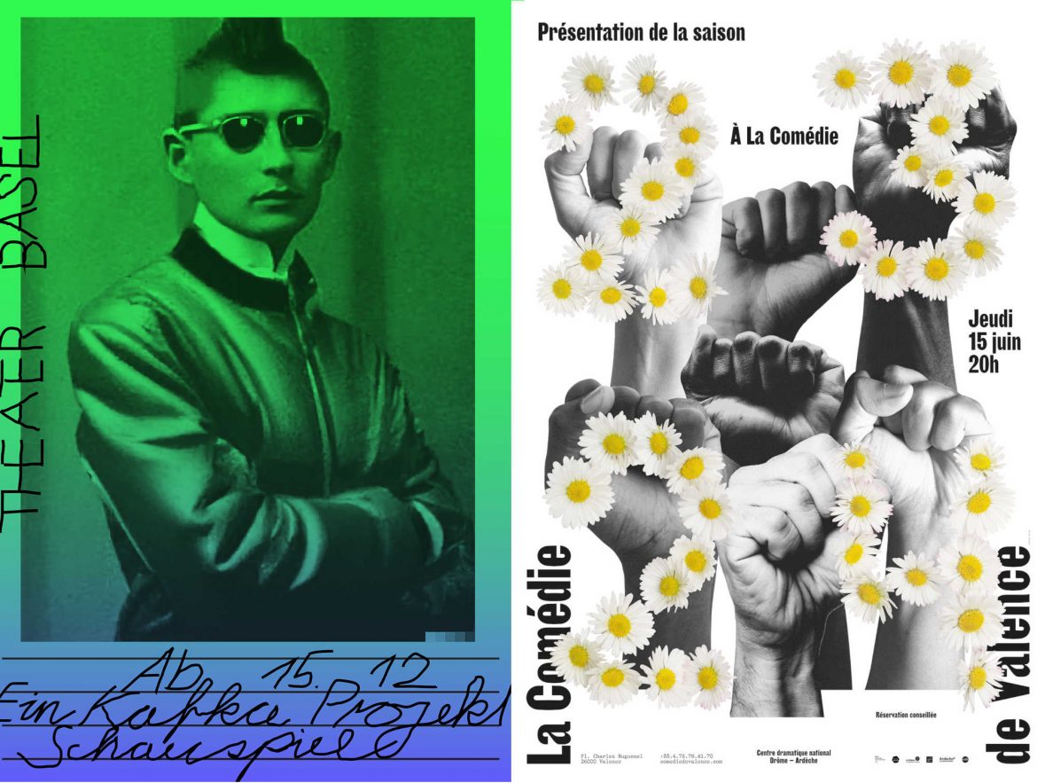 links: Jiri Oplatek, Ein Kafka-Projekt, Druck: Lézard Graphique, Siebdruck, dreifarbig, Schweiz. © Claudiabasel Grafik + Interaktion/100 Beste Plakate e. V., rechts: Atelier: Neo Neo, La Comédie de Valence 23–24, aus einer Serie von vier Plakaten, Druck: JCDecaux, Digitaldruck, Schweiz. © Neo Neo/100 Beste Plakate e. V.
