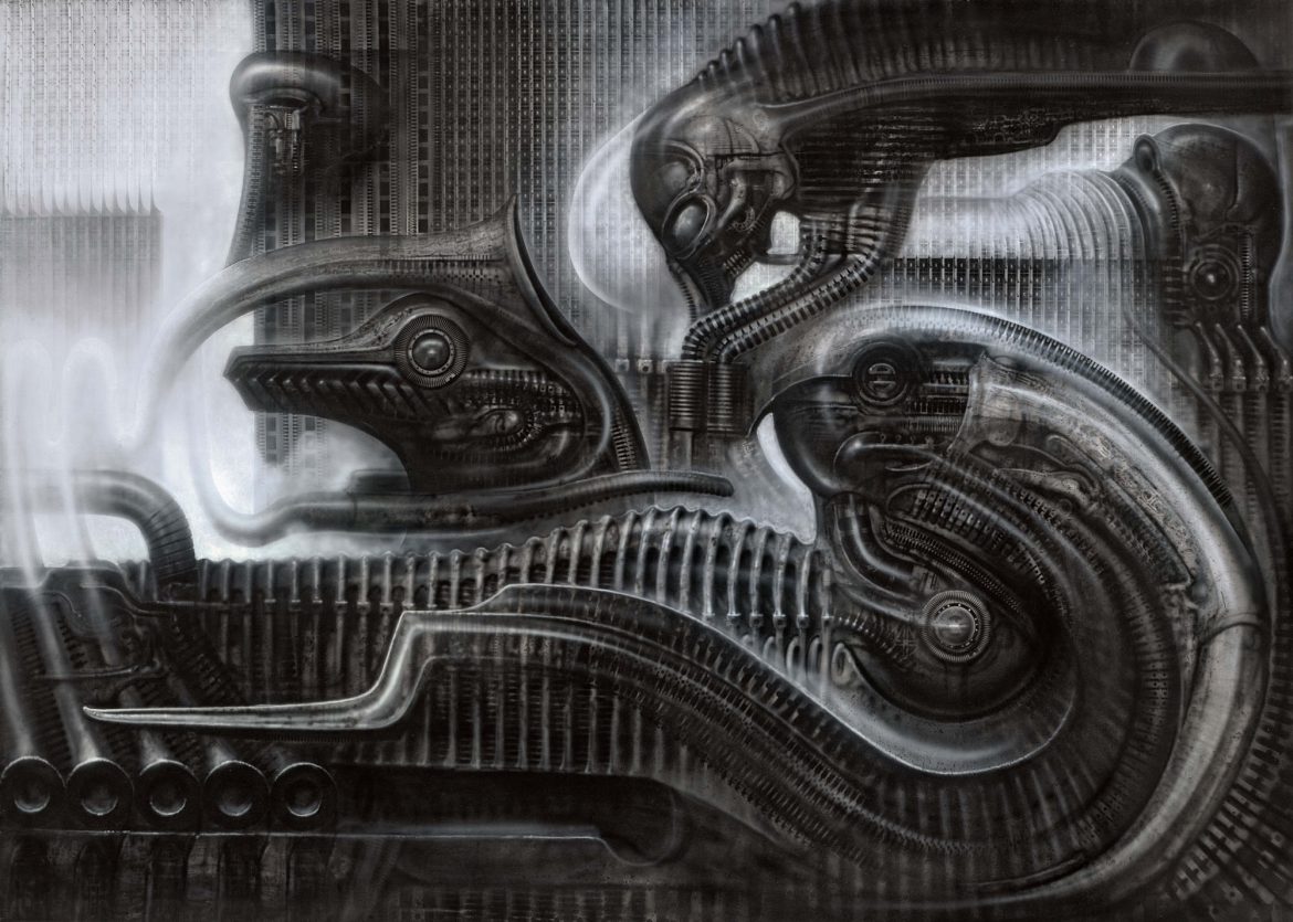 N.Y. City II (Lovecraft über N.Y.C.), 1980, Acryl und Tusche auf Papier, 100 x 140 cm (39 3∕8 x 55 1∕8 Zoll). © Carmen Giger (HR Giger Estate)