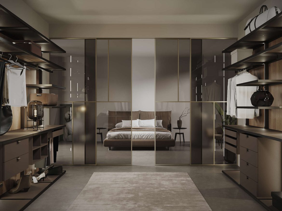 Die Produkte von Albed eignen sich für luxuriöse Interieurs – wie dieser begehbare raumfüllende Schrank mit transparenter Schiebetüre zum Schlafbereich. © Albed