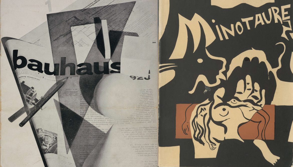 Links: Bauhaus. Zeitschrift für Gestaltung, Jg. 2, Nr. 1, 1928, 15 Ausgaben (1926–1931), rechts: Minotaure, Nr. 3–4, 1933, Zeitschrift herausgegeben von Albert Skira in Paris, 12 Ausgaben (1933–1939).