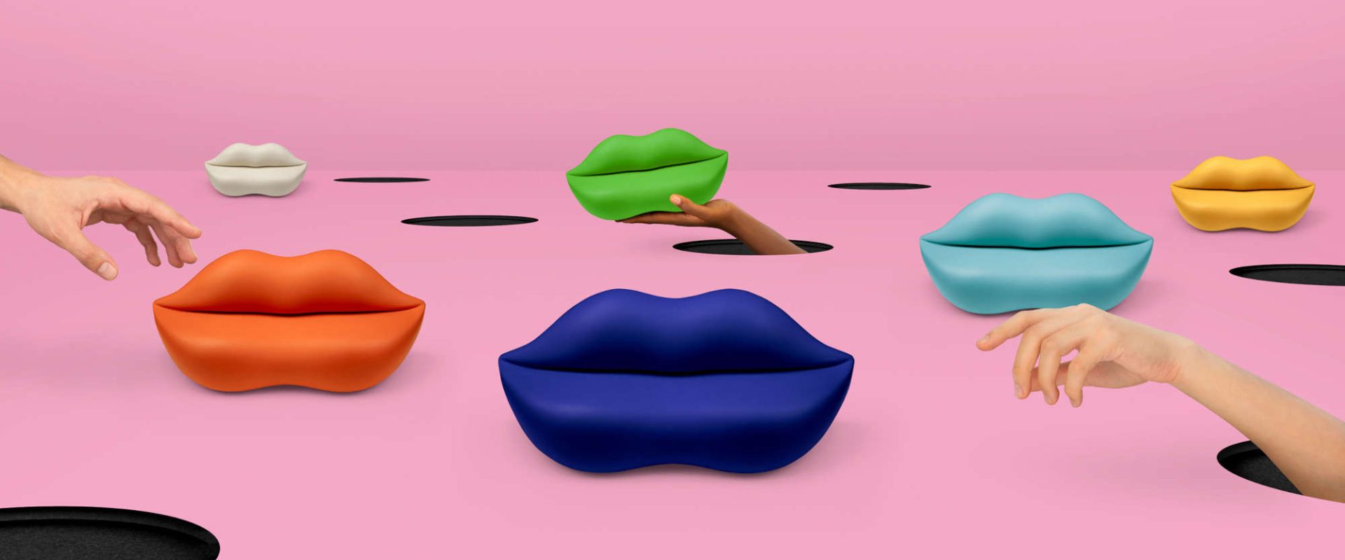 Die Guframini Bocca®-Sofas übertragen die Eigenschaften des 70er-Jahre-Klassikers ins Miniaturformat. © Gufram