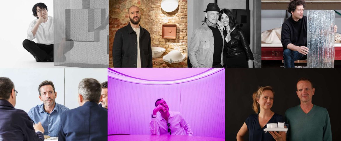 Obere Reihe (vlnr): Oki Sato (nendo) - Foto: Hiroshi Iwasaki, Roberto Sironi - Foto: LAUFEN, Draga & Aurel - Foto: Anne Timmer, Creative: Valerie van der Werff, Maxim Velčovský - Foto: Lasvit; Untere Reihe: Pere Llonch (Vibia) - Foto: Fernando Alda, Karim Rashid - Foto: Lupe de la Vallina, guggenbichlerdesign… Foto: Simon Rajchl.